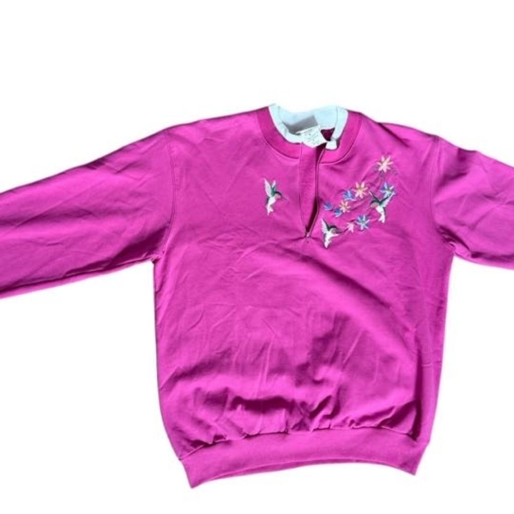 Top Stitch Morning Sun Sweatshirt M Layered Pink White Flowers Hummingbirds